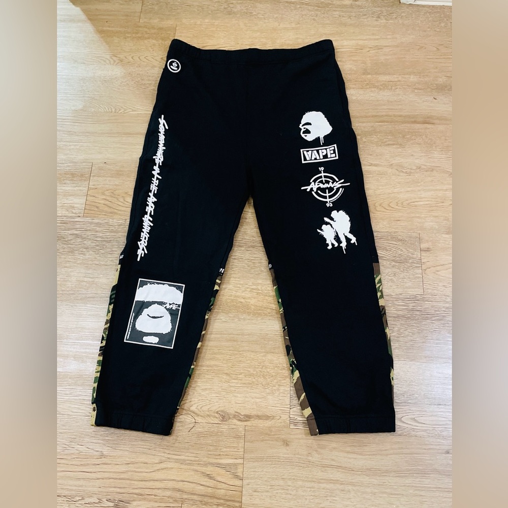 BAPE Sweatpants with Various Graphic Prints and Camo Details on Lower legs